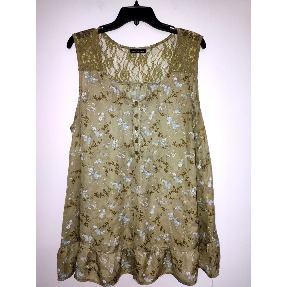 Ingredients Olive Green Floral Lace Yoke Sleeveless Blouse Ruffle Hem Plus 18/20